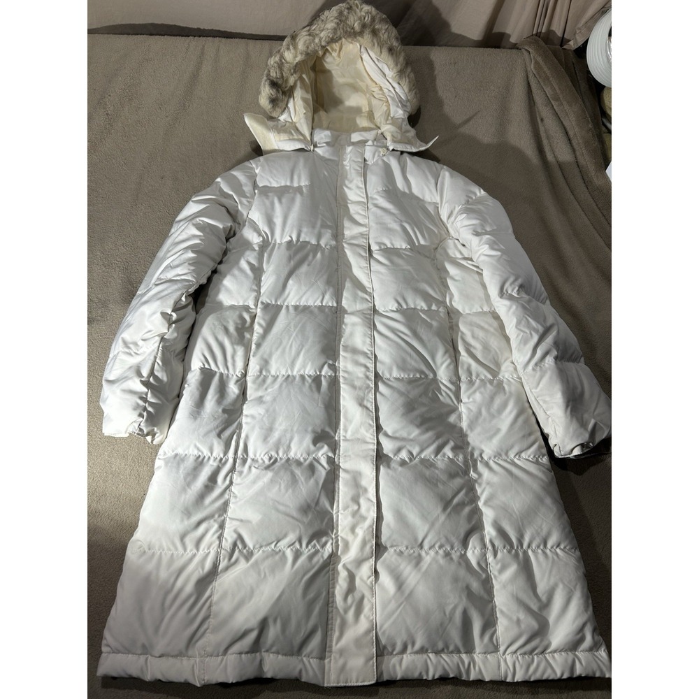 L.L.Bean Goose Down Long Puffer Coat Parka Faux Fur Hood White Womens Small